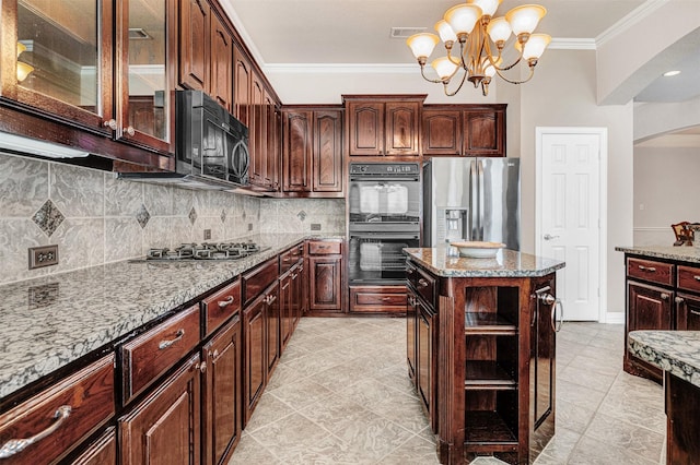 4600 Winter Park Dr, Richardson, TX 75082 - kitchen with arched walkways, black appliances, crown molding, light stone countertops, and backsplash