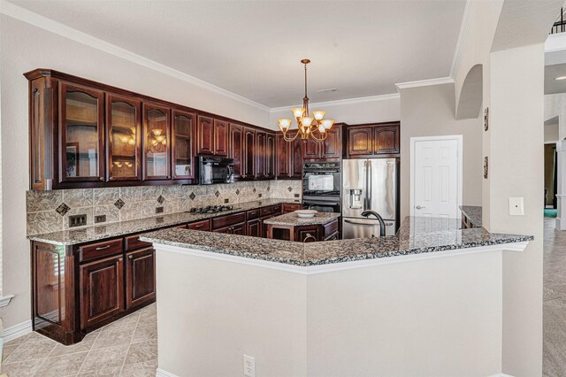 4600 Winter Park Dr, Richardson, TX 75082 - kitchen featuring black appliances, dark stone countertops, a chandelier, tasteful backsplash, and ornamental molding