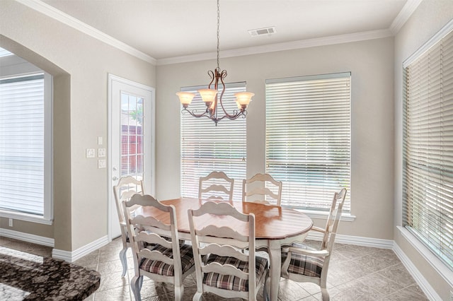 4600 Winter Park Dr, Richardson, TX 75082 - dining space with a chandelier, light tile patterned floors, crown molding, and baseboards