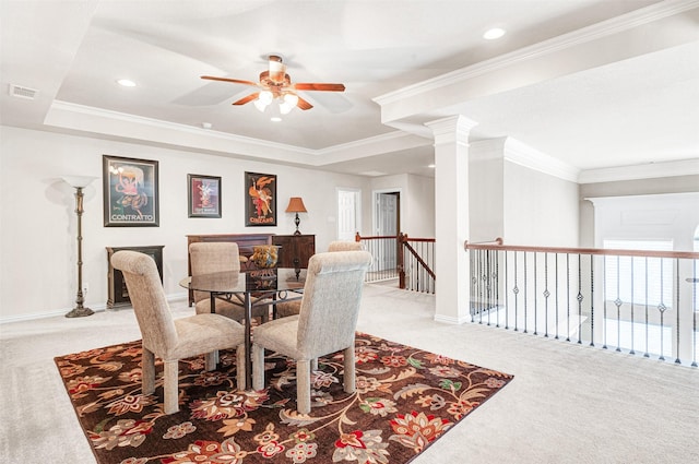 4600 Winter Park Dr, Richardson, TX 75082 - carpeted dining room with ceiling fan, crown molding, recessed lighting, and baseboards