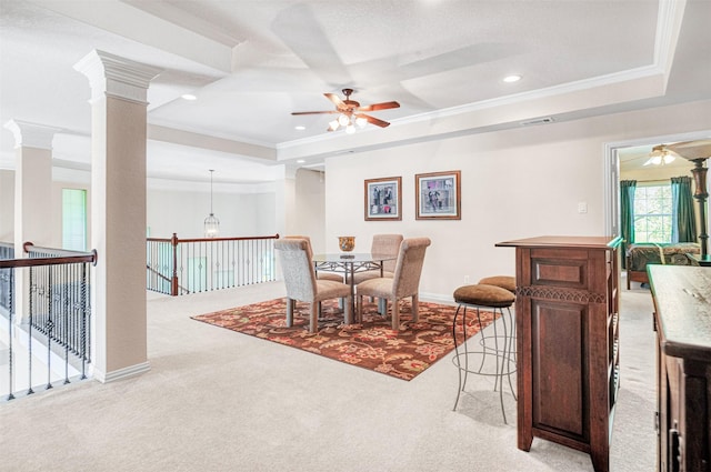 4600 Winter Park Dr, Richardson, TX 75082 - dining room with light carpet, a raised ceiling, crown molding, ceiling fan, and recessed lighting