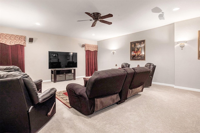 4600 Winter Park Dr, Richardson, TX 75082 - living room featuring light colored carpet, ceiling fan, baseboards, and recessed lighting