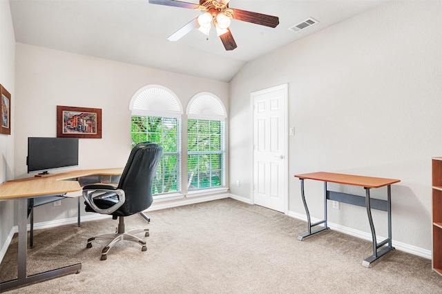 4600 Winter Park Dr, Richardson, TX 75082 - carpeted home office featuring ceiling fan, lofted ceiling, and baseboards