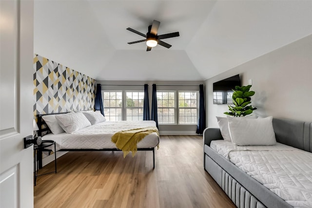 807 Florence St, Mckinney, TX 75069 - bedroom featuring vaulted ceiling, wood finished floors, and ceiling fan