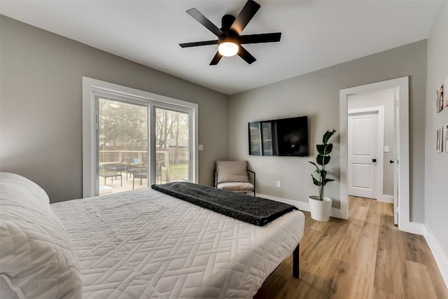 807 Florence St, Mckinney, TX 75069 - bedroom with light wood-style floors, access to outside, baseboards, and ceiling fan
