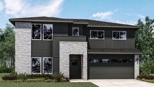 view of front facade with concrete driveway, stucco siding, roof with shingles, and an attached garage
