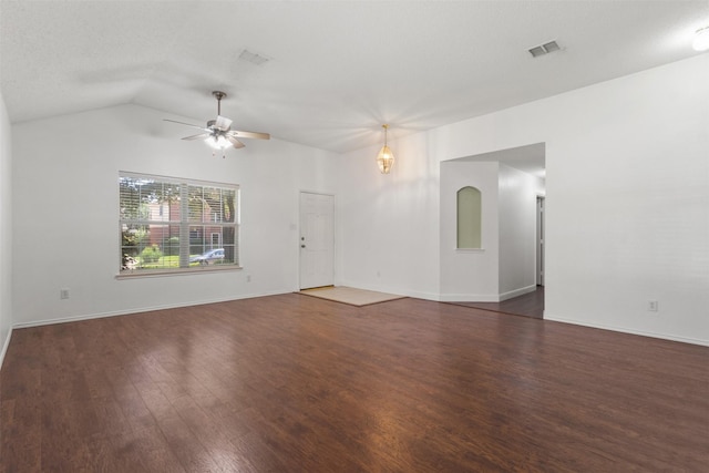 304 E Clover Park Dr, Fort Worth, TX 76140 - unfurnished living room featuring wood finished floors, visible vents, baseboards, ceiling fan, and lofted ceiling