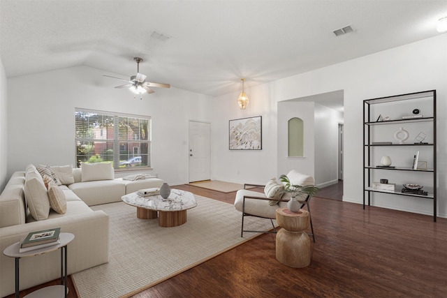 304 E Clover Park Dr, Fort Worth, TX 76140 - living area featuring vaulted ceiling, visible vents, ceiling fan, and wood finished floors