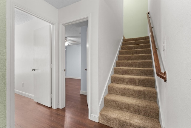 304 E Clover Park Dr, Fort Worth, TX 76140 - stairs featuring baseboards, a ceiling fan, and wood finished floors