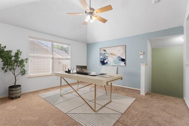 304 E Clover Park Dr, Fort Worth, TX 76140 - carpeted office space with a ceiling fan, baseboards, a textured ceiling, and vaulted ceiling