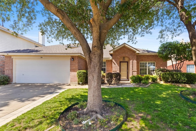 304 E Clover Park Dr, Fort Worth, TX 76140 - view of front of property with an attached garage, brick siding, concrete driveway, a front lawn, and a shingled roof