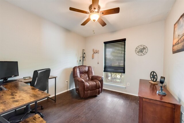 office space featuring ceiling fan, wood finished floors, and baseboards