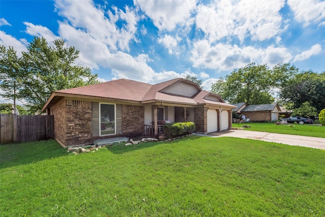 view of front facade with brick siding, concrete driveway, a porch, and an attached garage