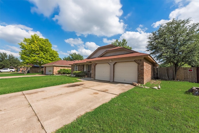 single story home with brick siding, an attached garage, and concrete driveway