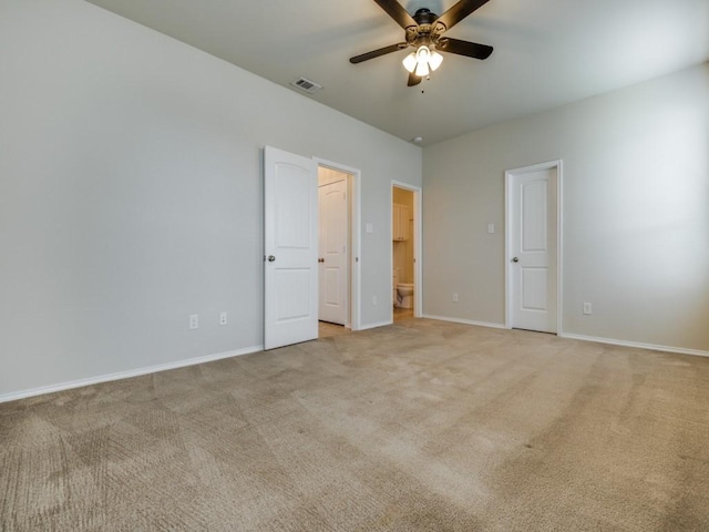 1909 Myers Ct, Providence Village, TX 76227 - unfurnished bedroom featuring visible vents, light carpet, a ceiling fan, connected bathroom, and baseboards