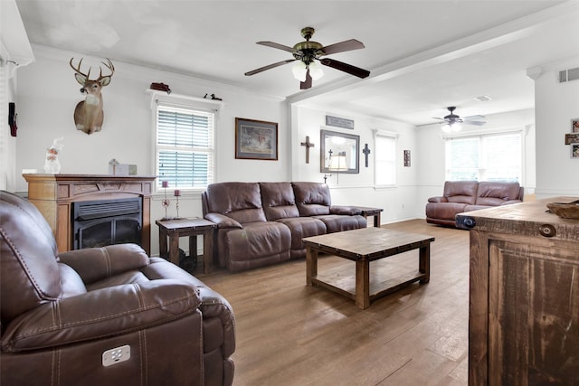 7634 Preston Rd, Denison, TX 75020 - living room with ceiling fan, a glass covered fireplace, wood finished floors, healthy amount of natural light, and crown molding