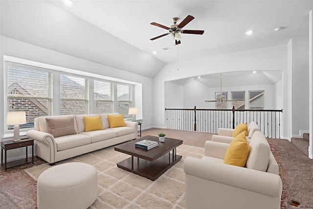 2507 Lavaca Dr, Euless, TX 76039 - carpeted living room featuring ceiling fan, vaulted ceiling, baseboards, and recessed lighting