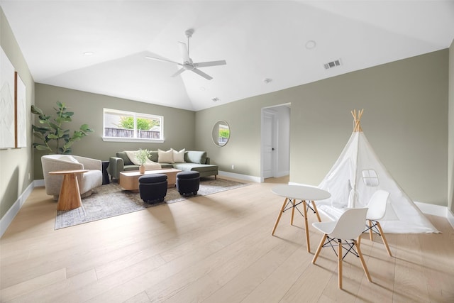 4508 Thunder Rd, Dallas, TX 75244 - living room with lofted ceiling, ceiling fan, light wood-style floors, and baseboards