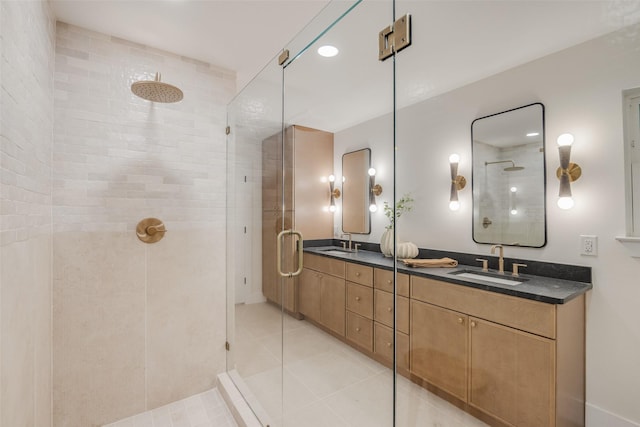 4508 Thunder Rd, Dallas, TX 75244 - bathroom with a stall shower, double vanity, tile patterned flooring, and recessed lighting