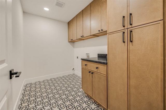 4508 Thunder Rd, Dallas, TX 75244 - laundry room featuring cabinet space, hookup for an electric dryer, baseboards, hookup for a washing machine, and recessed lighting