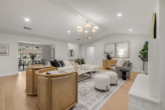 4508 Thunder Rd, Dallas, TX 75244 - living room with a chandelier, light wood-style floors, vaulted ceiling, recessed lighting, and baseboards