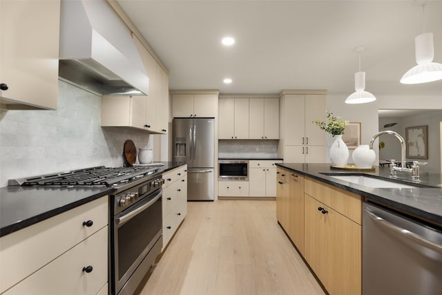 4508 Thunder Rd, Dallas, TX 75244 - kitchen featuring stainless steel appliances, a sink, wall chimney range hood, dark countertops, and recessed lighting