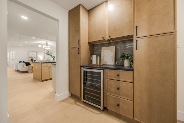 4508 Thunder Rd, Dallas, TX 75244 - bar with beverage cooler, light wood-type flooring, decorative backsplash, baseboards, and recessed lighting