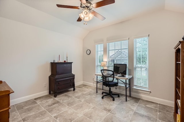 2828 Ainsworth Rd, Aubrey, TX 76227 - office with vaulted ceiling, a ceiling fan, and baseboards