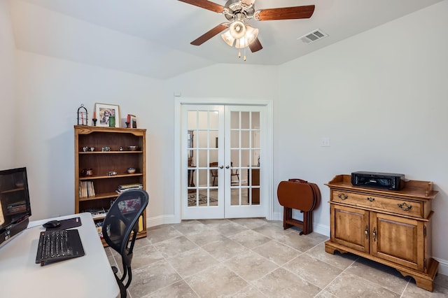 2828 Ainsworth Rd, Aubrey, TX 76227 - office featuring french doors, vaulted ceiling, ceiling fan, and baseboards