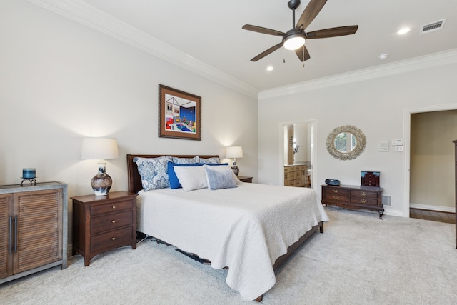 308 Dunlin Ln, Coppell, TX 75019 - bedroom with recessed lighting, baseboards, visible vents, crown molding, and light colored carpet