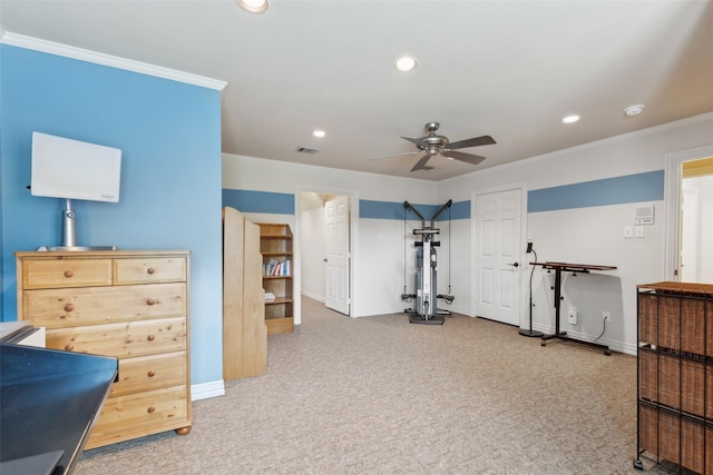 308 Dunlin Ln, Coppell, TX 75019 - interior space with a ceiling fan, carpet floors, baseboards, ornamental molding, and recessed lighting