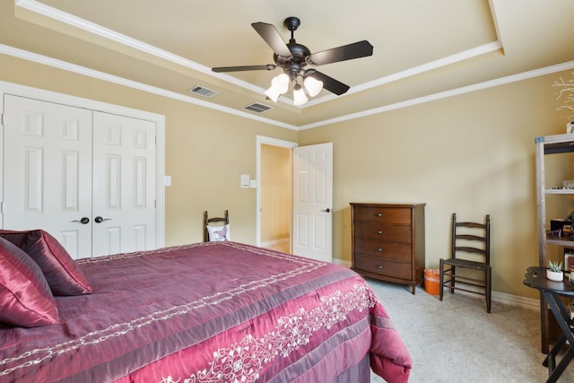 308 Dunlin Ln, Coppell, TX 75019 - carpeted bedroom featuring a raised ceiling, a closet, and visible vents