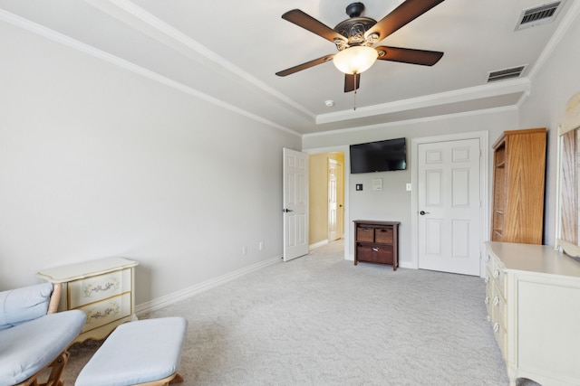 308 Dunlin Ln, Coppell, TX 75019 - sitting room featuring ceiling fan, light carpet, visible vents, and ornamental molding