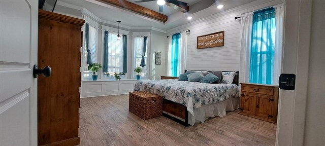 12890 County Road 463, Tyler, TX 75706 - bedroom featuring light wood finished floors, beamed ceiling, a ceiling fan, and recessed lighting