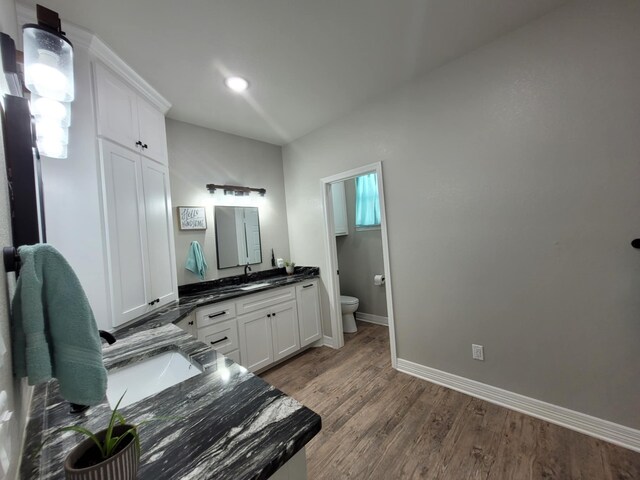 12890 County Road 463, Tyler, TX 75706 - bathroom featuring toilet, baseboards, wood finished floors, vanity, and recessed lighting