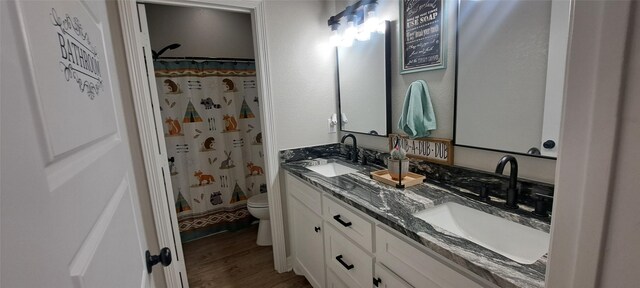 12890 County Road 463, Tyler, TX 75706 - full bathroom featuring toilet, double vanity, wood finished floors, and a shower with shower curtain