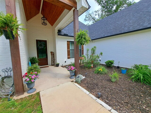 12890 County Road 463, Tyler, TX 75706 - view of exterior entry featuring roof with shingles and brick siding