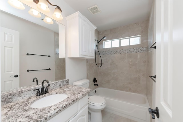full bath featuring toilet, visible vents,  shower combination, and vanity
