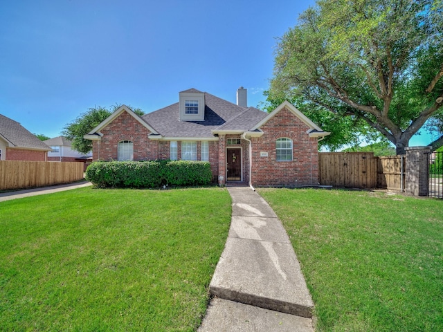 2035 Greenfield Ln, Allen, TX 75013 - view of front of house with a gate, a chimney, fence, a front yard, and brick siding