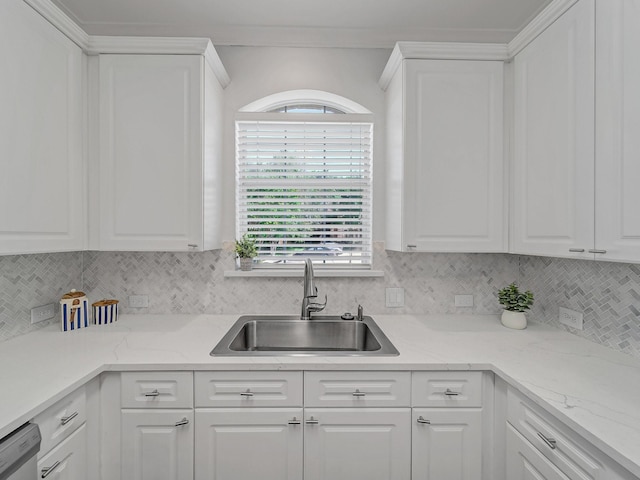 2035 Greenfield Ln, Allen, TX 75013 - kitchen with a sink, stainless steel dishwasher, decorative backsplash, and white cabinets