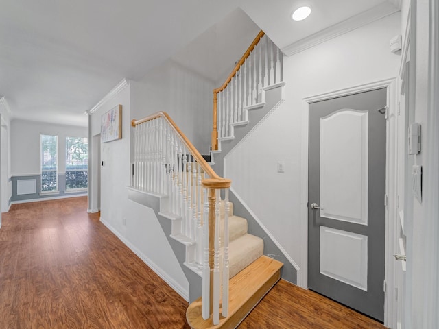 2035 Greenfield Ln, Allen, TX 75013 - stairway featuring baseboards, ornamental molding, and wood finished floors