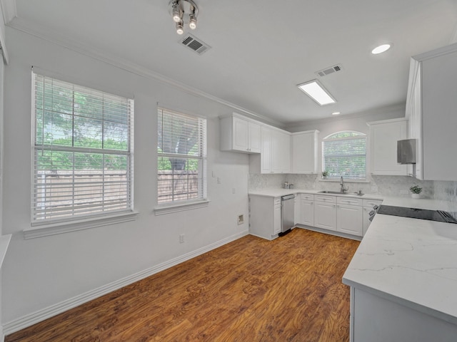 2035 Greenfield Ln, Allen, TX 75013 - kitchen with stainless steel dishwasher, crown molding, visible vents, and a sink