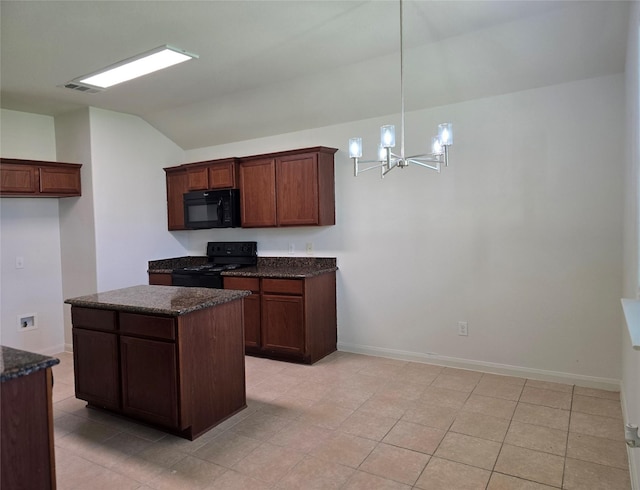 kitchen with an inviting chandelier, vaulted ceiling, dark stone countertops, black appliances, and a kitchen island