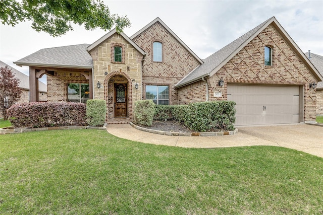 503 Olive Trl, Forney, TX 75126 - french provincial home with brick siding, driveway, a front lawn, roof with shingles, and a garage