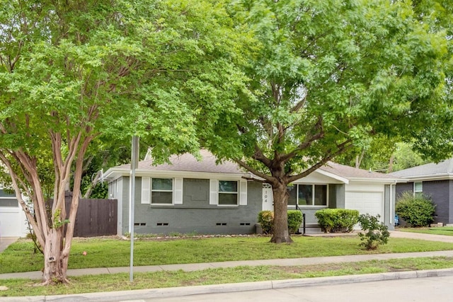 view of front facade featuring an attached garage, crawl space, fence, and a front lawn
