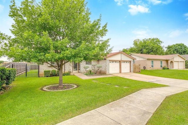 view of front of house featuring driveway, brick siding, fence, an attached garage, and a front lawn