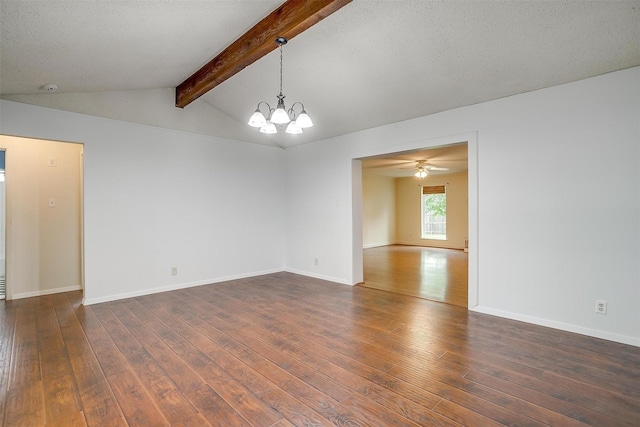 empty room with baseboards, lofted ceiling with beams, dark wood finished floors, and ceiling fan with notable chandelier