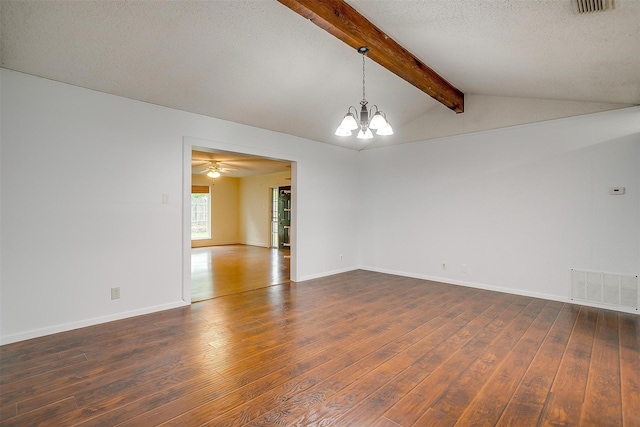 unfurnished room featuring baseboards, dark wood-style floors, visible vents, and vaulted ceiling with beams