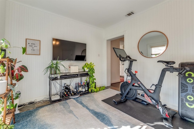 workout area with ornamental molding and visible vents