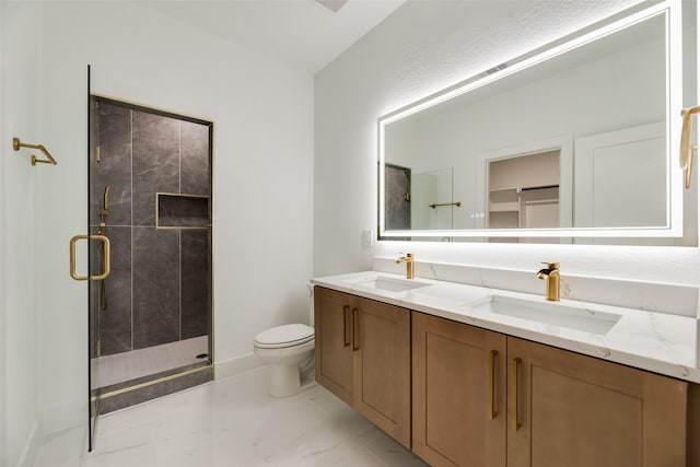 3904 De Maggio Ave, Dallas, TX 75210 - bathroom with a shower stall, marble finish floor, toilet, and a sink